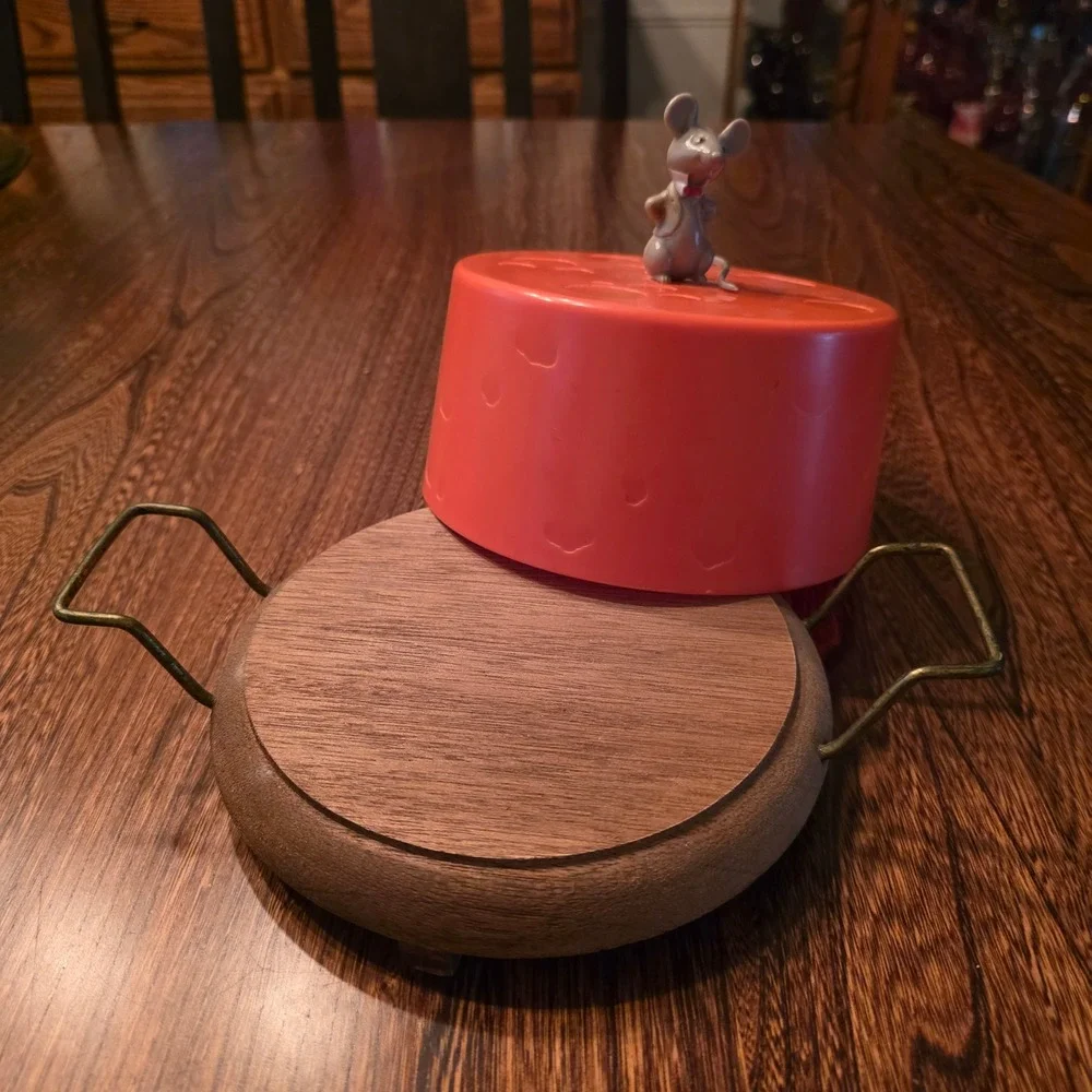 Vintage Mid Century Cheese Server Mouse Orange Plastic Dome Wood Base Tray MCM